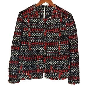 Truth and Pride Tweed Jacket Womens Large Multi Red Fringe Open Front Pockets